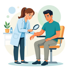 Fototapeta premium Dermatologist examines patient's arm with magnifying glass, medical consultation and skin check-up, flat vector illustration.