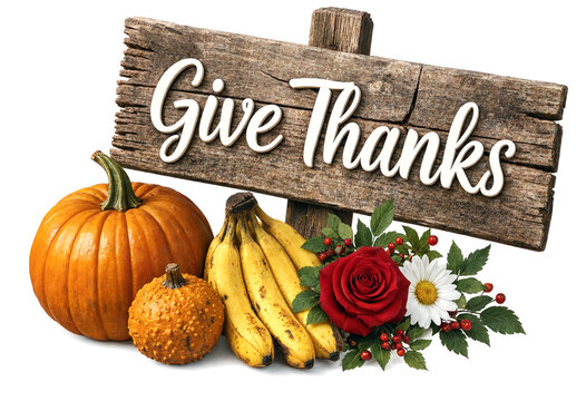 Vintage wooden sign with give thanks text surrounded by pumpkins bananas and flowers arrangement