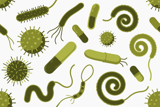 Scientific pattern of different bacteria, germs, and microorganisms in shades of olive green for medical or biology themes.