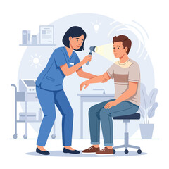 Obraz premium Doctor examining patient with otoscope in clinic examination room, modern healthcare concept