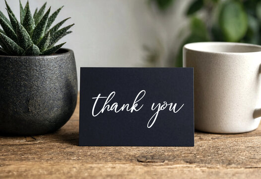 Small black thank you card on wooden table with potted plant and white coffee cup beside it