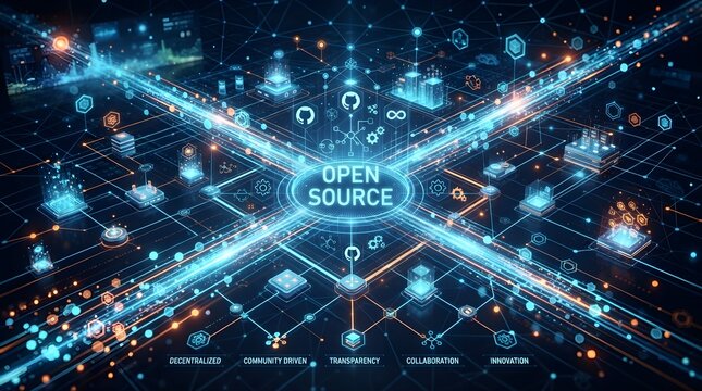 Futuristic open source network visualization with glowing data highways, connected nodes, digital infrastructure, cloud systems, shared technology links, and cyber collaboration concept for software i