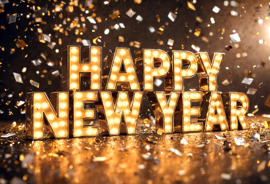 Sparkling golden happy new year sign with light bulbs and confetti celebration display