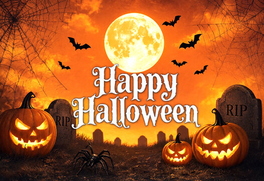 Spooky halloween celebration with carved pumpkins bats and tombstones under a full moon scene