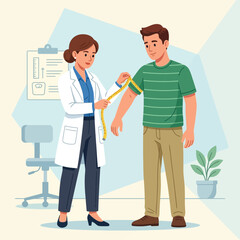 Fototapeta premium Doctor measuring patient's arm circumference in a medical clinic for health assessment and weight management.