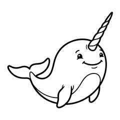 A cute cartoon narwhal with a long spiral horn, simple black and white line for a children coloring page, isolated © SAGOR