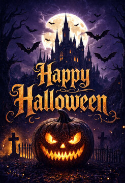 Spooky halloween night scene with carved pumpkin castle bats and full moon celebration card