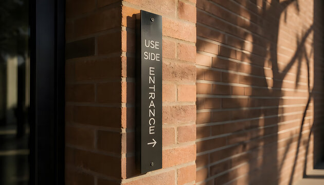 Black modern side entrance directional sign mounted on a textured red brick pillar