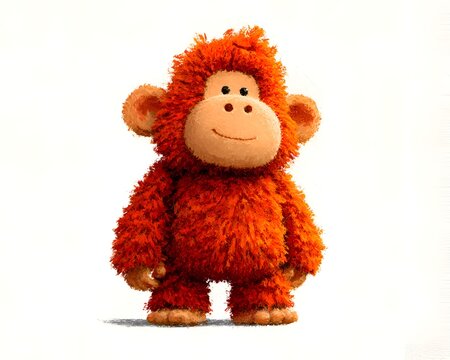 Cute fluffy orange monkey toy character with a happy smile