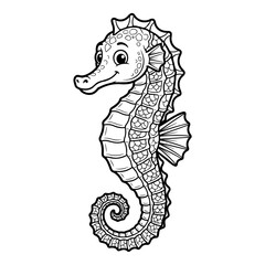 Fototapeta premium A cute cartoon seahorse with detailed scales and a curled tail, isolated on a white background, black and white line for coloring page