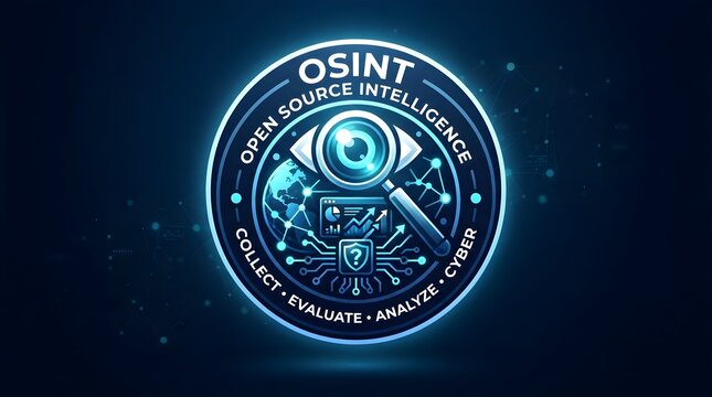 Circular OSINT open source intelligence badge with glowing eye scanner, cyber analyst symbol, data verification text, digital network elements, and futuristic investigation technology interface design