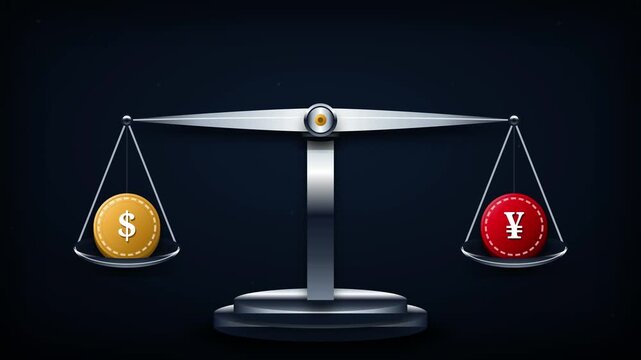 Silver Balance Scale Weighing Dollar and Yuan Coins, Forex Valuation
