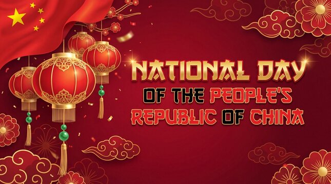 China National Day Banner Template with Hanging Red Lanterns and White Copy Space Panel