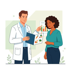 Obraz premium Nutritionist Consulting Patient About Healthy Diet With Food Chart and Bar Graph