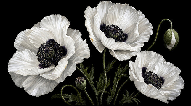 Three white poppy flowers with dark centers and unopened buds isolated on black