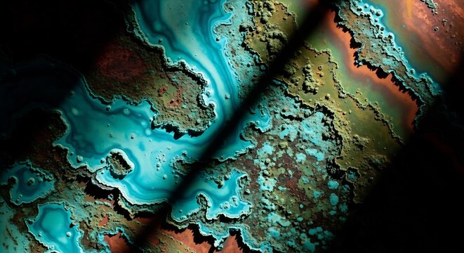 Abstract macro view of oxidized copper surface with vibrant verdigris patina