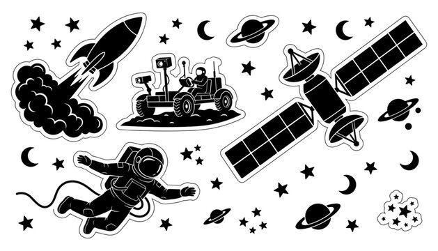  Space exploration sticker vector set featuring space shuttle rocket launch, astronaut spacewalk, lunar rover on moon, orbital satellite, planets, stars, and crescent moons