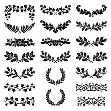 Set of black decorative floral border and wreath isolated on a white background, featuring intricate leaf and flower ornaments
