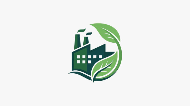 Corporate Logo Design Featuring Industrial Factory with Green Leaf and Smoke Stacks for Eco Friendly Business Identity