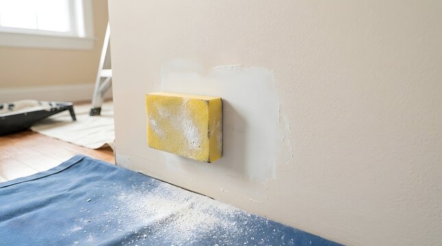 Sanding block on patched drywall during interior home renovation and wall repair project, featuring yellow sanding sponge, plaster dust on blue drop cloth, bright natural indoor light.