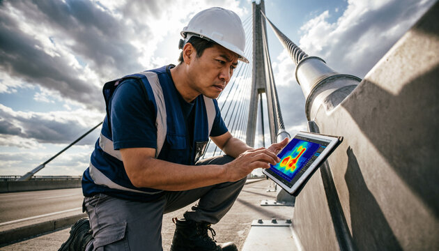 Civil engineer holding digital tablet inspecting cable stayed suspension bridge