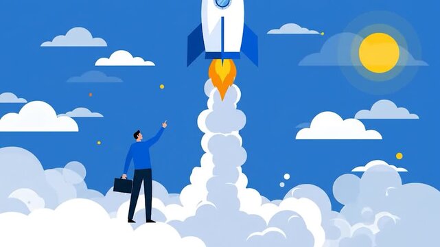 Businessman pointing at a rocket ship launching into the sky with clouds and sun in the background