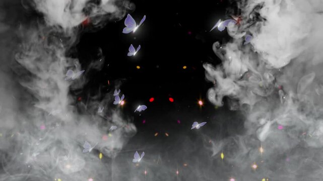 Butterflies fly through swirling white smoke frames against a dark backdrop in this fantasy abstract overlay illustration.