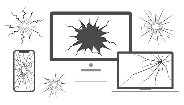 Broken Screen Vector Set with Cracked Smartphone Display Shattered Laptop Monitor and Glass Fracture Textures for Repair Service and Tech Accident Concept Designs
