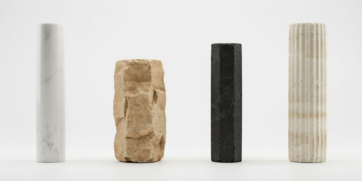 Collection of four architectural columns in marble, rough stone, and granite