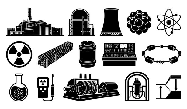Nuclear power and atomic research black vector collection with reactor energy science and radiation elements