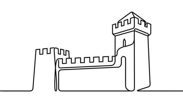 Continuous line drawing of a medieval fortress castle wall.