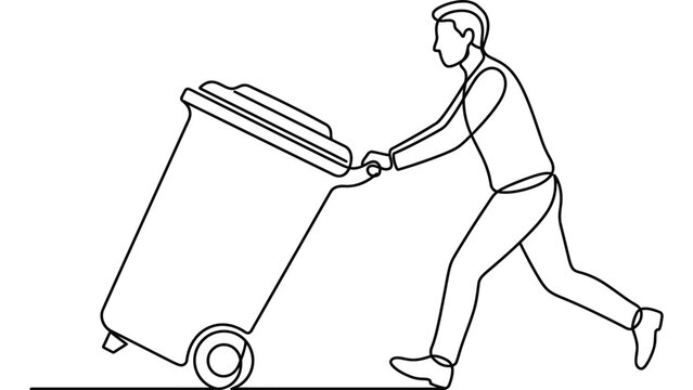 Continuous line drawing of a man pushing a garbage bin.