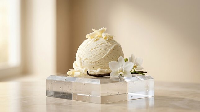 Creamy vanilla ice cream scoop with delicate flower garnish on clear stand