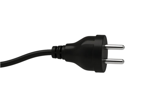 Closeup view of black electrical plug adapter with two round prongs connected by a flexible cord transparent background