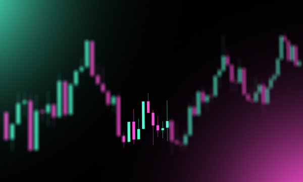 Blurred abstract financial candlestick chart with vibrant green and pink glowing lines on a black background, symbolizing market volatility and investment trends.