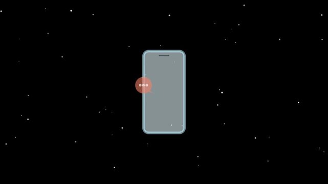 Minimalist smartphone illustration with a message bubble notification surrounded by tiny white dots on a dark background