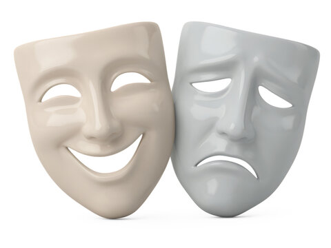 Comedy and Tragedy Theater Masks Displaying Emotions Side by Side Isolated transparent background