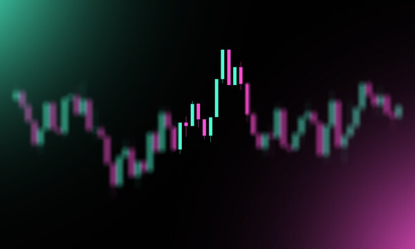 Abstract blurred financial candlestick chart with green and pink glowing lines against a dark background, representing market fluctuations and trading.