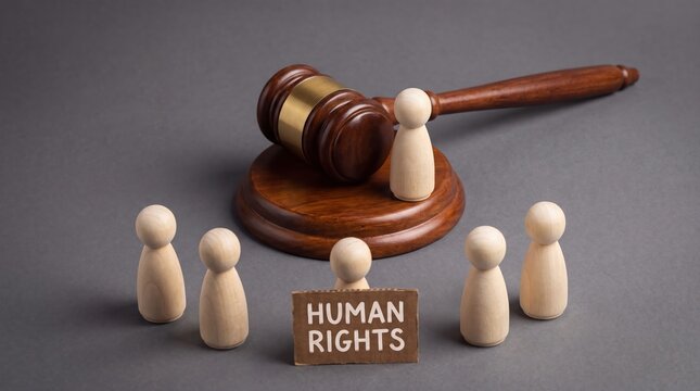 Wooden figurines and gavel symbolizing human rights and justice