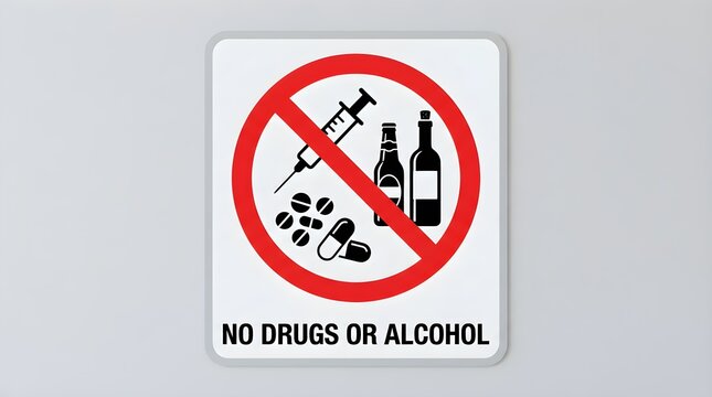 No drugs or alcohol safety sign with red crossed circle covering syringe, liquor bottle, pills, and medicine icons, using bold black text on white background for clear prohibition and public health aw