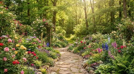 Obraz premium Stone path winding through colorful woodland cottage garden
