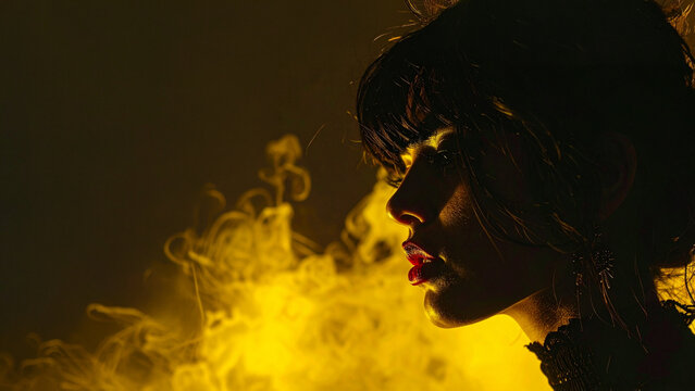 Woman face profile silhouette. Hair moisture bangs shadow. Gold smoke vapor atmosphere light. Cinema studio illumination. Cyber fashion identity expression. Mood emotion style concept aesthetics trend