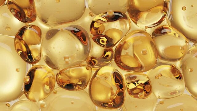 3D illustration of glossy golden oil bubbles filling a luxurious fluid environment, representing skincare, serum, hydration, beauty, cosmetic ingredients, and premium wellness.