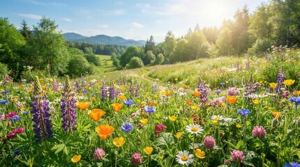 Obraz premium Colorful wildflower meadow stretching across sunlit valley landscape