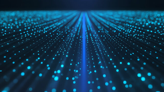 Abstract digital network of glowing blue particles and light beams receding into darkness 