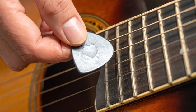 Close-up of a hand holding a guitar pick strumming an acoustic guitar.