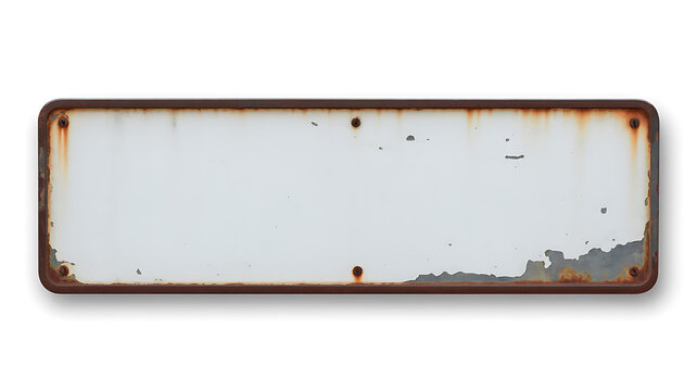 Aged white rectangular metal sign with peeling paint and severe rust on its edges and surface 