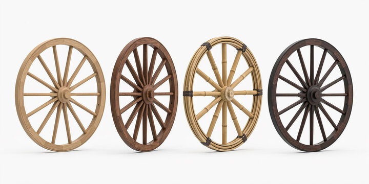 Four antique wooden wagon wheels with different tones and spoke configurations