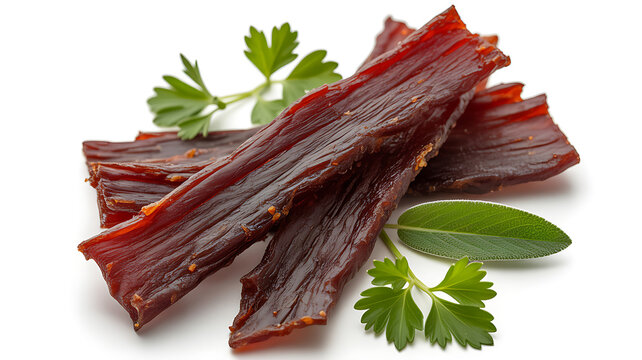 Close-up of Dried Beef Jerky Strips with Fresh Green Parsley and Sage Leaves 