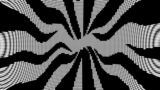 Black and white halftone radial wave loop background, hypnotic dot matrix motion graphic